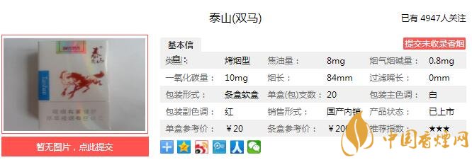 泰山双马烟价格 泰山双马8mg口感及参数分析